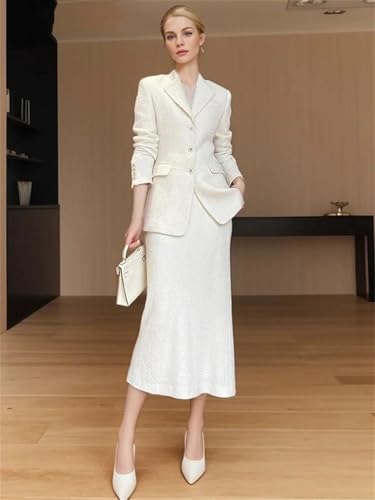 Conjunto de 2 piezas de chaqueta de tweed clásica beige + falda para mujer, beige, XL