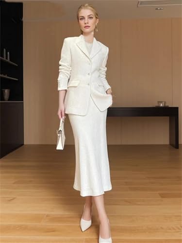 Conjunto de 2 piezas de chaqueta de tweed clásica beige + falda para mujer, beige, XL