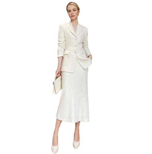 Conjunto de 2 piezas de chaqueta de tweed clásica beige + falda para mujer, beige, XL