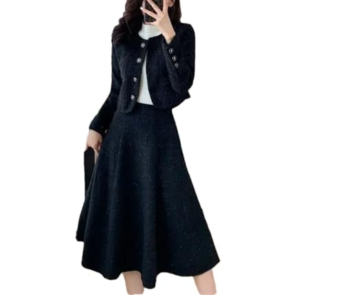Conjunto de dos piezas de tweed para mujer, chaqueta corta + falda acampanada de longitud media coreana, Negro, L