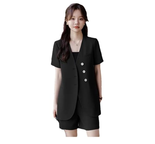 Conjunto de dos piezas para mujer, blazer de manga corta y pantalones cortos, elegante conjunto de 2 piezas para mujer, Negro, S