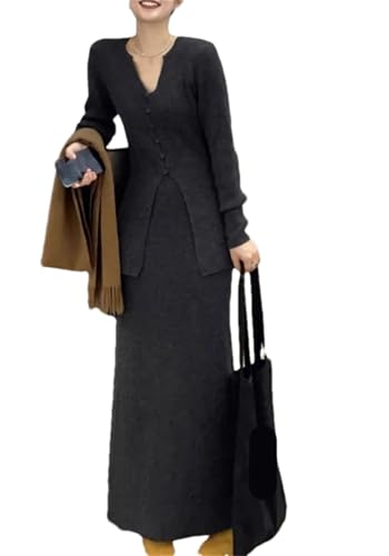 Conjunto de jersey de punto con cuello en V para mujer con falda ajustada para otoño e invierno, dos piezas, Negro, L