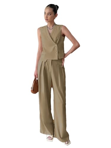 Conjunto de pantalones de oficina sueltos para mujer, 2 piezas, camiseta sin mangas con cintura alta y pantalones anchos, caqui, L