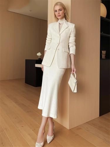 Conjunto de 2 piezas de chaqueta de tweed clásica beige + falda para mujer, beige, XL