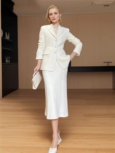 Conjunto de 2 piezas de chaqueta de tweed clásica beige + falda para mujer, beige, XL