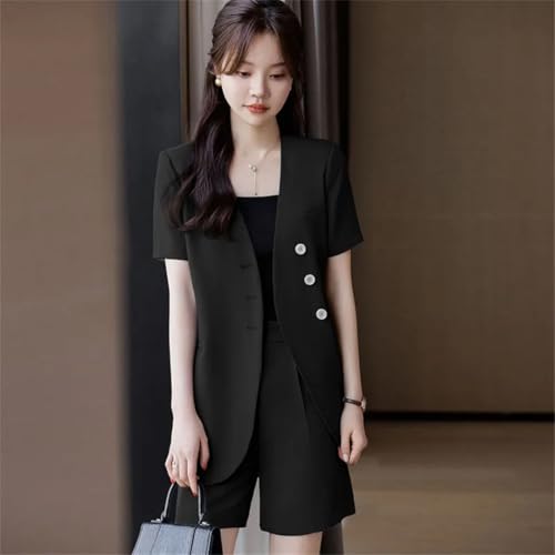 Conjunto de dos piezas para mujer, blazer de manga corta y pantalones cortos, elegante conjunto de 2 piezas para mujer, Negro, S