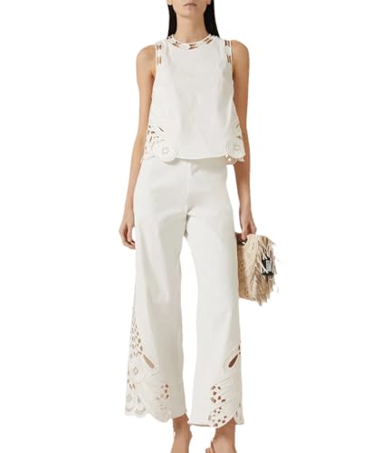Conjunto de dos piezas para mujer, sin mangas, cuello redondo, pantalones de cintura alta, traje de playa de verano, blanco, M