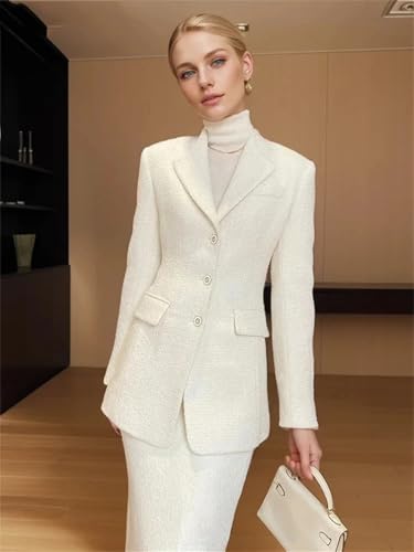 Conjunto de 2 piezas de chaqueta de tweed clásica beige + falda para mujer, beige, XL