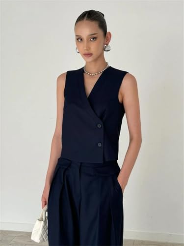 Conjunto de pantalones de oficina sueltos para mujer, 2 piezas, camiseta sin mangas con cintura alta y pantalones anchos, caqui, L