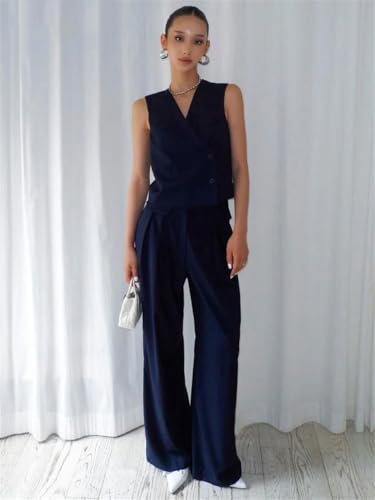 Conjunto de pantalones de oficina sueltos para mujer, 2 piezas, camiseta sin mangas con cintura alta y pantalones anchos, caqui, L