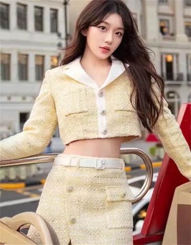 Conjunto de chaqueta y falda para mujer con minifalda con botones, trajes de 2 piezas, amarillo, S