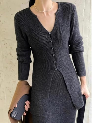 Conjunto de jersey de punto con cuello en V para mujer con falda ajustada para otoño e invierno, dos piezas, Negro, L