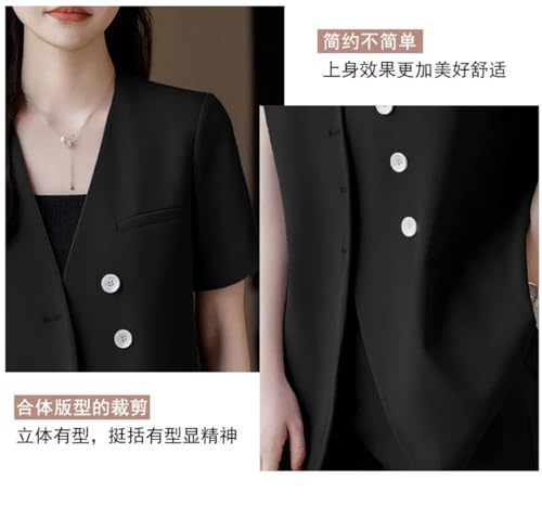 Conjunto de dos piezas para mujer, blazer de manga corta y pantalones cortos, elegante conjunto de 2 piezas para mujer, Negro, S
