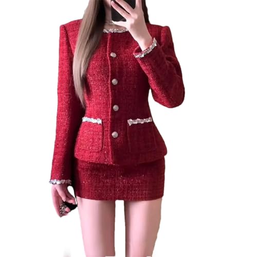 Conjunto de dos piezas para mujer, traje de tweed rojo, blazer y falda, detalle de encaje y botones, rosso, S
