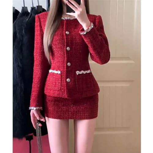 Conjunto de dos piezas para mujer, traje de tweed rojo, blazer y falda, detalle de encaje y botones, rosso, S