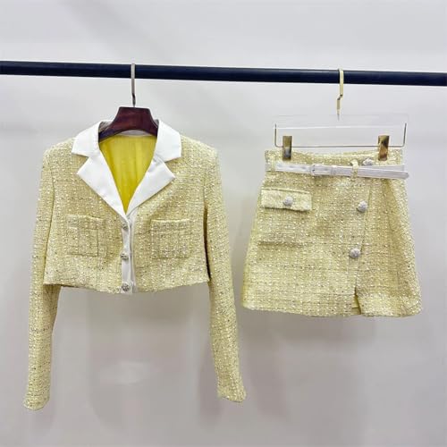 Conjunto de chaqueta y falda para mujer con minifalda con botones, trajes de 2 piezas, amarillo, S