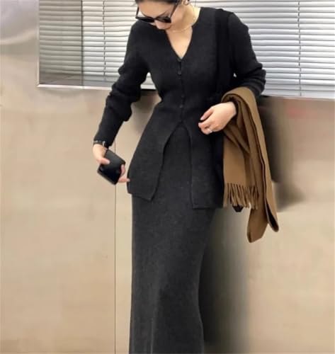 Conjunto de jersey de punto con cuello en V para mujer con falda ajustada para otoño e invierno, dos piezas, Negro, L
