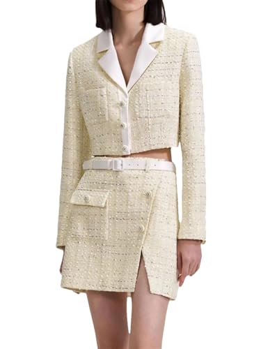 Conjunto de chaqueta y falda para mujer con minifalda con botones, trajes de 2 piezas, amarillo, S