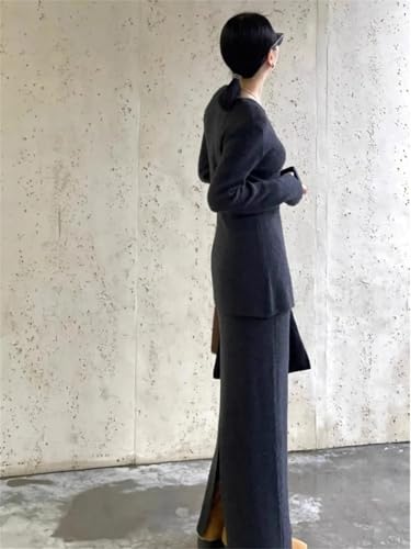 Conjunto de jersey de punto con cuello en V para mujer con falda ajustada para otoño e invierno, dos piezas, Negro, L