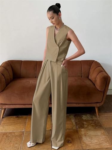 Conjunto de pantalones de oficina sueltos para mujer, 2 piezas, camiseta sin mangas con cintura alta y pantalones anchos, caqui, L