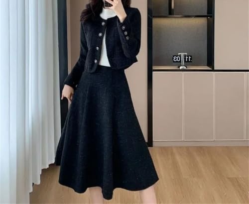 Conjunto de dos piezas de tweed para mujer, chaqueta corta + falda acampanada de longitud media coreana, Negro, L