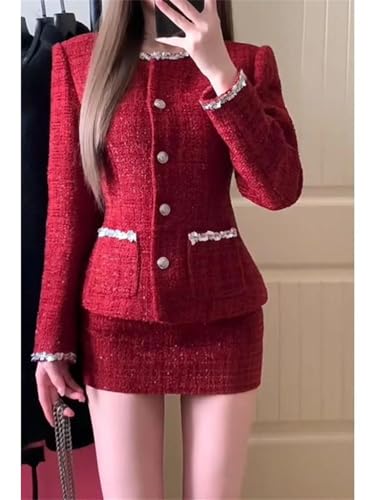 Conjunto de dos piezas para mujer, traje de tweed rojo, blazer y falda, detalle de encaje y botones, rosso, S