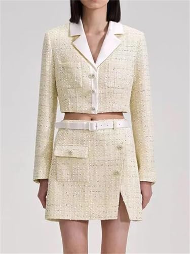 Conjunto de chaqueta y falda para mujer con minifalda con botones, trajes de 2 piezas, amarillo, S