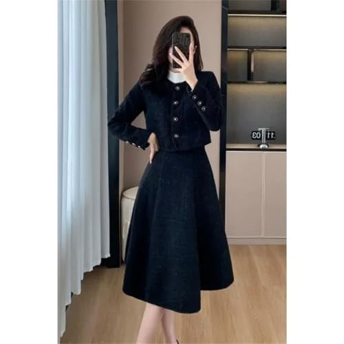 Conjunto de dos piezas de tweed para mujer, chaqueta corta + falda acampanada de longitud media coreana, Negro, L