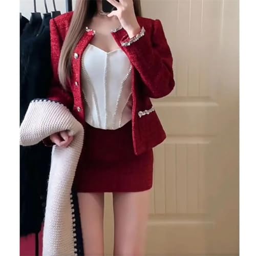 Conjunto de dos piezas para mujer, traje de tweed rojo, blazer y falda, detalle de encaje y botones, rosso, S
