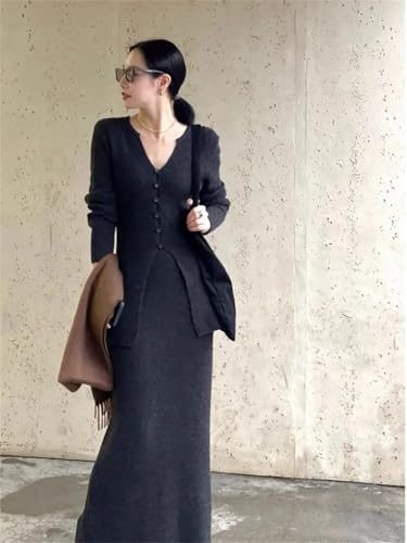 Conjunto de jersey de punto con cuello en V para mujer con falda ajustada para otoño e invierno, dos piezas, Negro, L