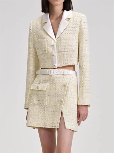 Conjunto de chaqueta y falda para mujer con minifalda con botones, trajes de 2 piezas, amarillo, S