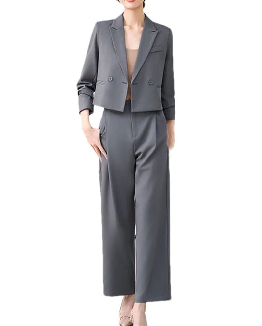 Conjunto de dos piezas para mujer, chaqueta corta y pantalones sueltos de manga larga para oficina, ropa de trabajo, Abrigo y pantalones grises, XXL