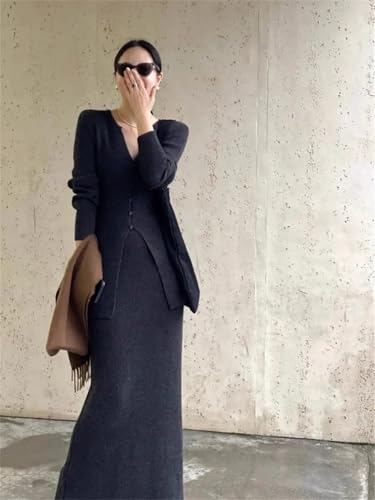 Conjunto de jersey de punto con cuello en V para mujer con falda ajustada para otoño e invierno, dos piezas, Negro, L