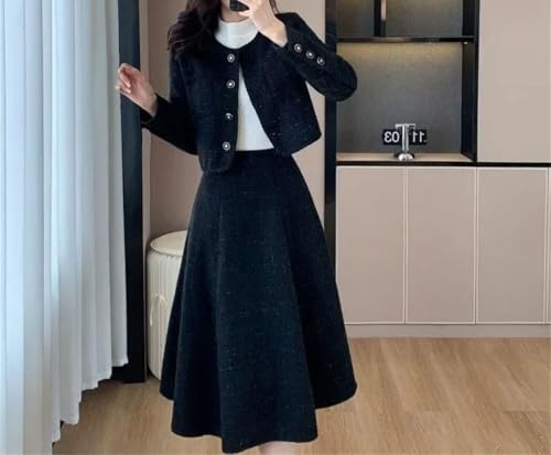 Conjunto de dos piezas de tweed para mujer, chaqueta corta + falda acampanada de longitud media coreana, Negro, L