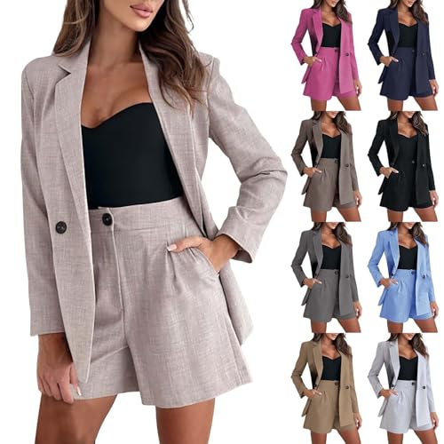 Traje de pantalón para mujer elegante de 2 piezas con pantalones cortos, traje de negocios para mujer, conjunto de manga larga y pantalones cortos de traje con bolsillo, color sólido, traje de