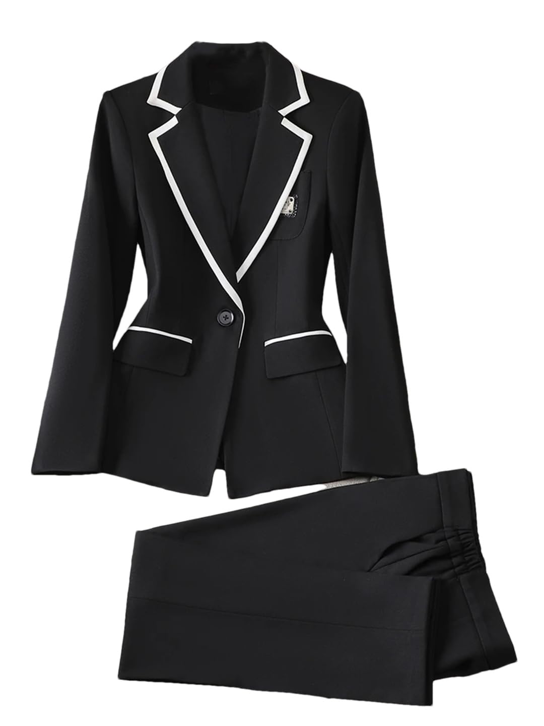 Generic Conjunto de traje de color de contraste para mujer, chaqueta delgada de un solo botón, cintura alta, pantalones de lápiz, Juego de 2 piezas color negro, XXL