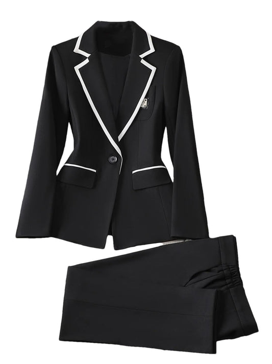 Generic Conjunto de traje de color de contraste para mujer, chaqueta delgada de un solo botón, cintura alta, pantalones de lápiz, Juego de 2 piezas color negro, XXL