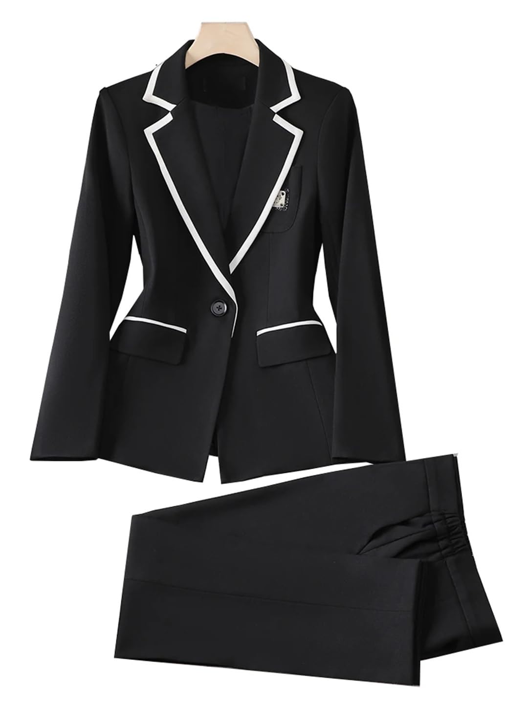 Generic Conjunto de traje de color de contraste para mujer, chaqueta delgada de un solo botón, cintura alta, pantalones de lápiz, Juego de 2 piezas color negro, XXL
