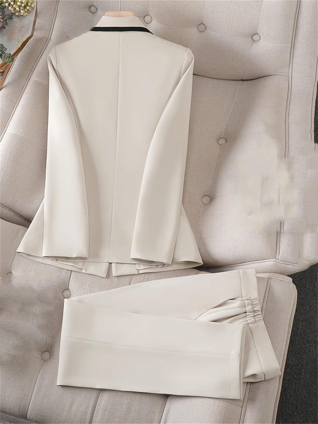 Generic Conjunto de traje de color de contraste para mujer, chaqueta delgada de un solo botón, cintura alta, pantalones de lápiz, Juego de 2 piezas color negro, XXL