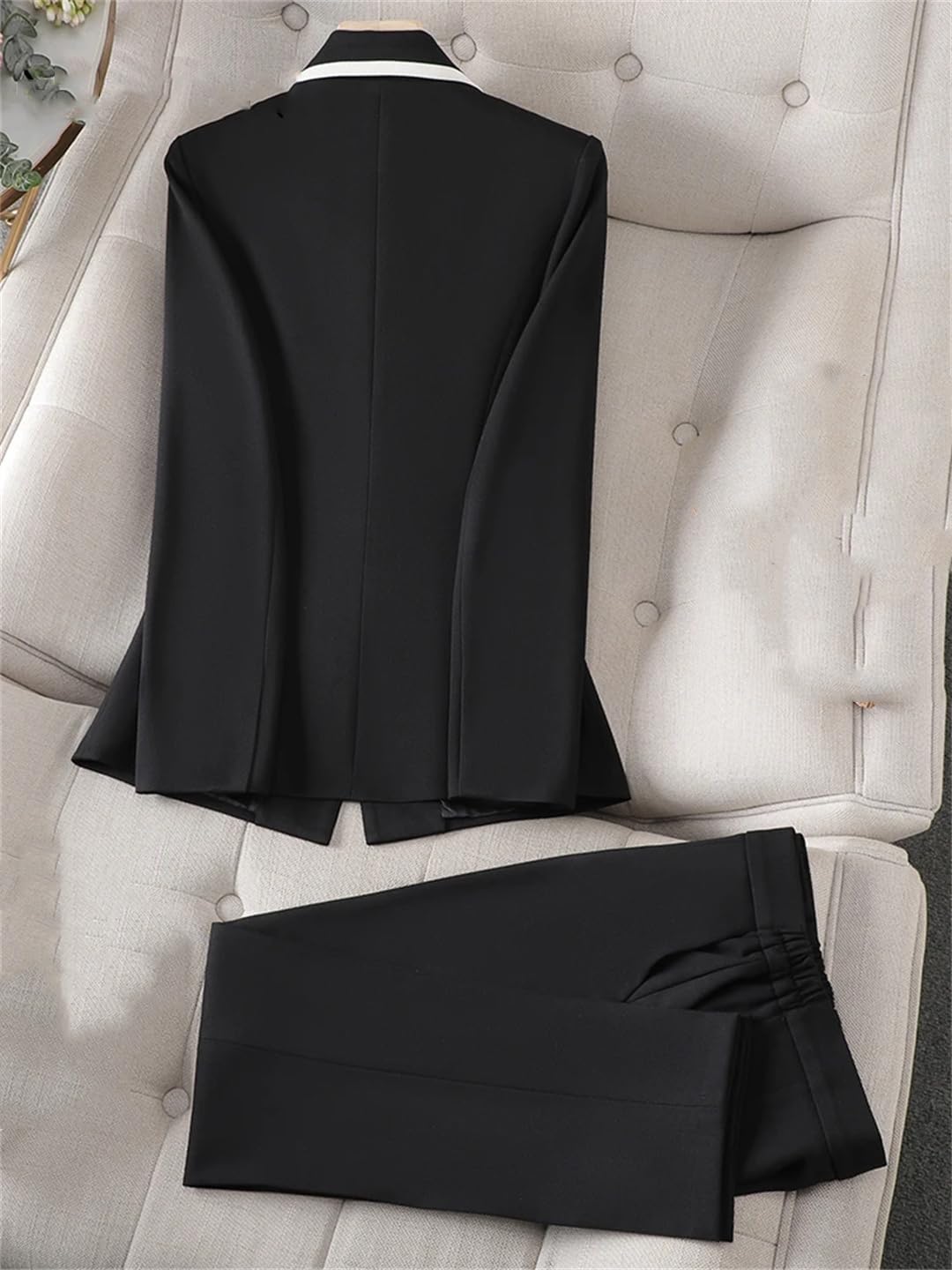 Generic Conjunto de traje de color de contraste para mujer, chaqueta delgada de un solo botón, cintura alta, pantalones de lápiz, Juego de 2 piezas color negro, XXL