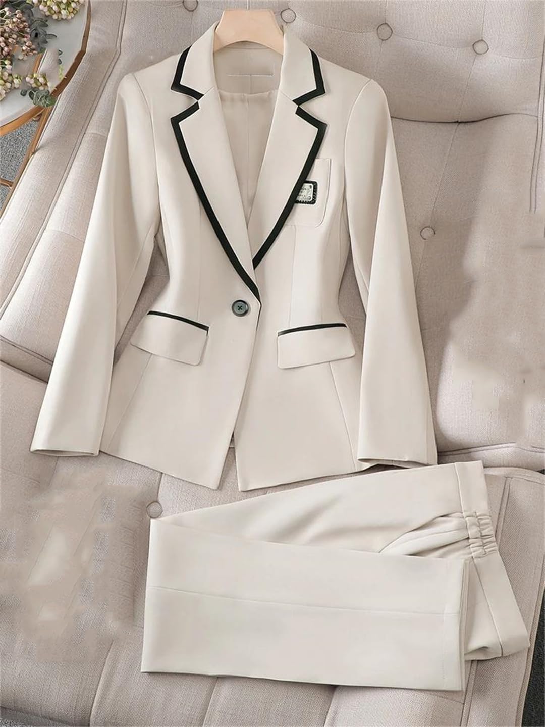 Generic Conjunto de traje de color de contraste para mujer, chaqueta delgada de un solo botón, cintura alta, pantalones de lápiz, Juego de 2 piezas color negro, XXL